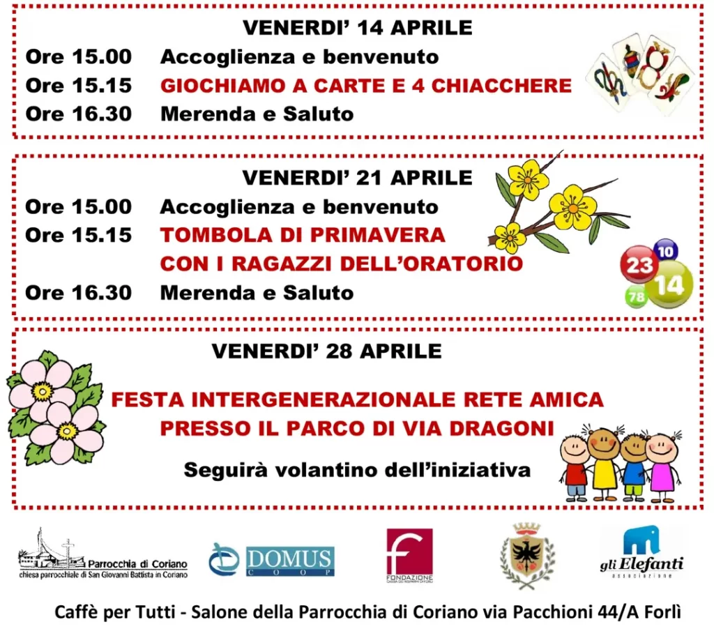 Il programma delle attività del caffè per tutti di aprile 2023, destinato agli anziani di Forlì